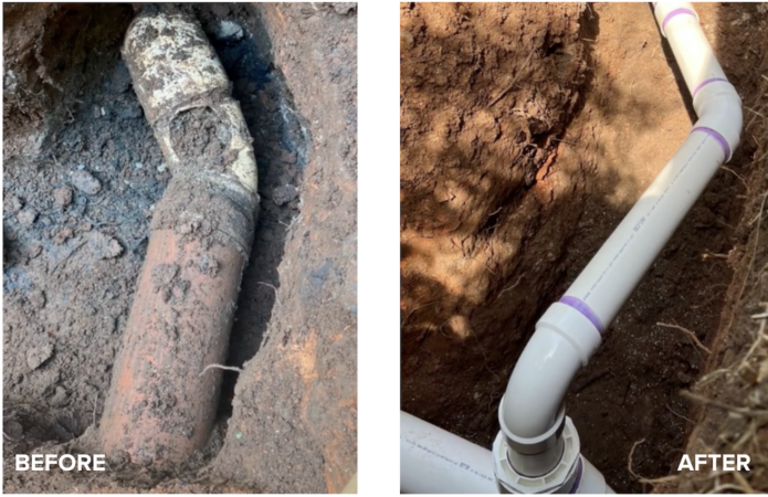 before and after of a restored pipe