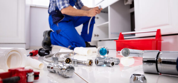 plumber working under a sink