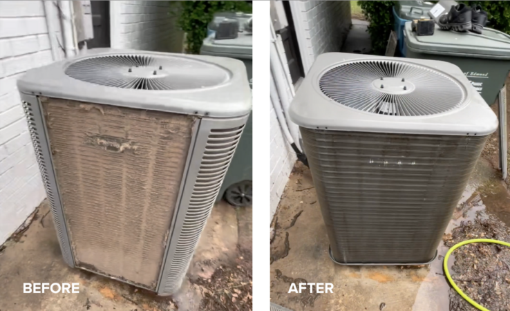 before and after photo of an ac unit after getting maintenance done
