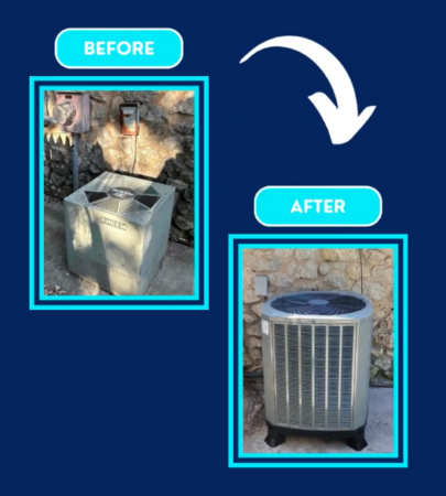 side by side pictures of old ac unit installed outside a home and a brand new trane condenser unit